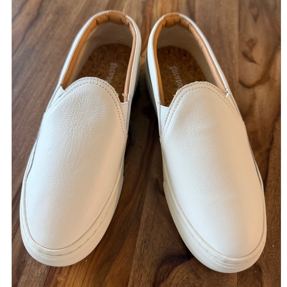 Soludos Womens White Leather Slip On Sneakers Cork Insole‎ Whipstitch Heel